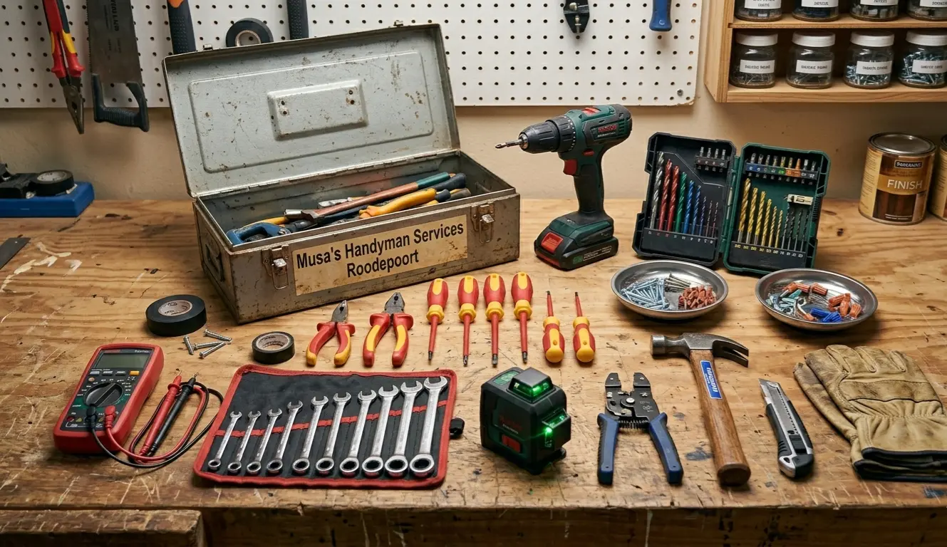 Professional handyman tools on a rugged workbench